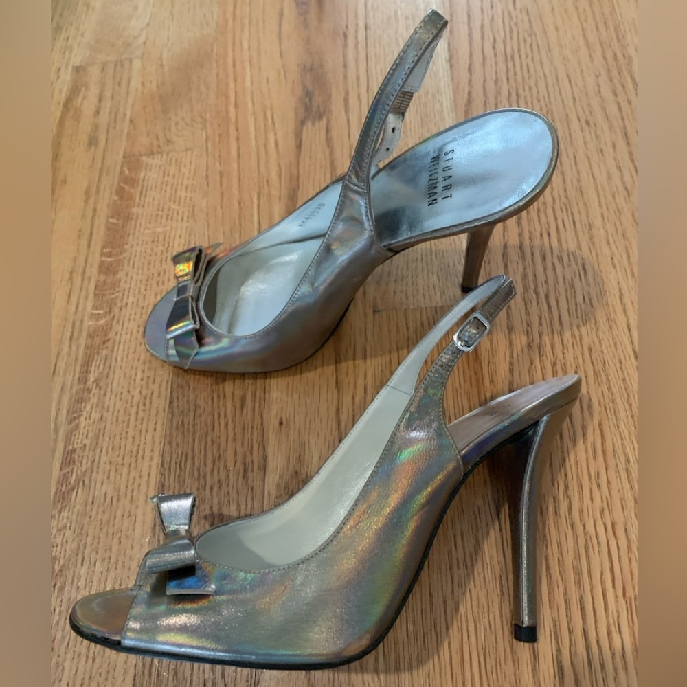 Stuart Weitzman Gold Metallic Bow Sling back heel 8.5